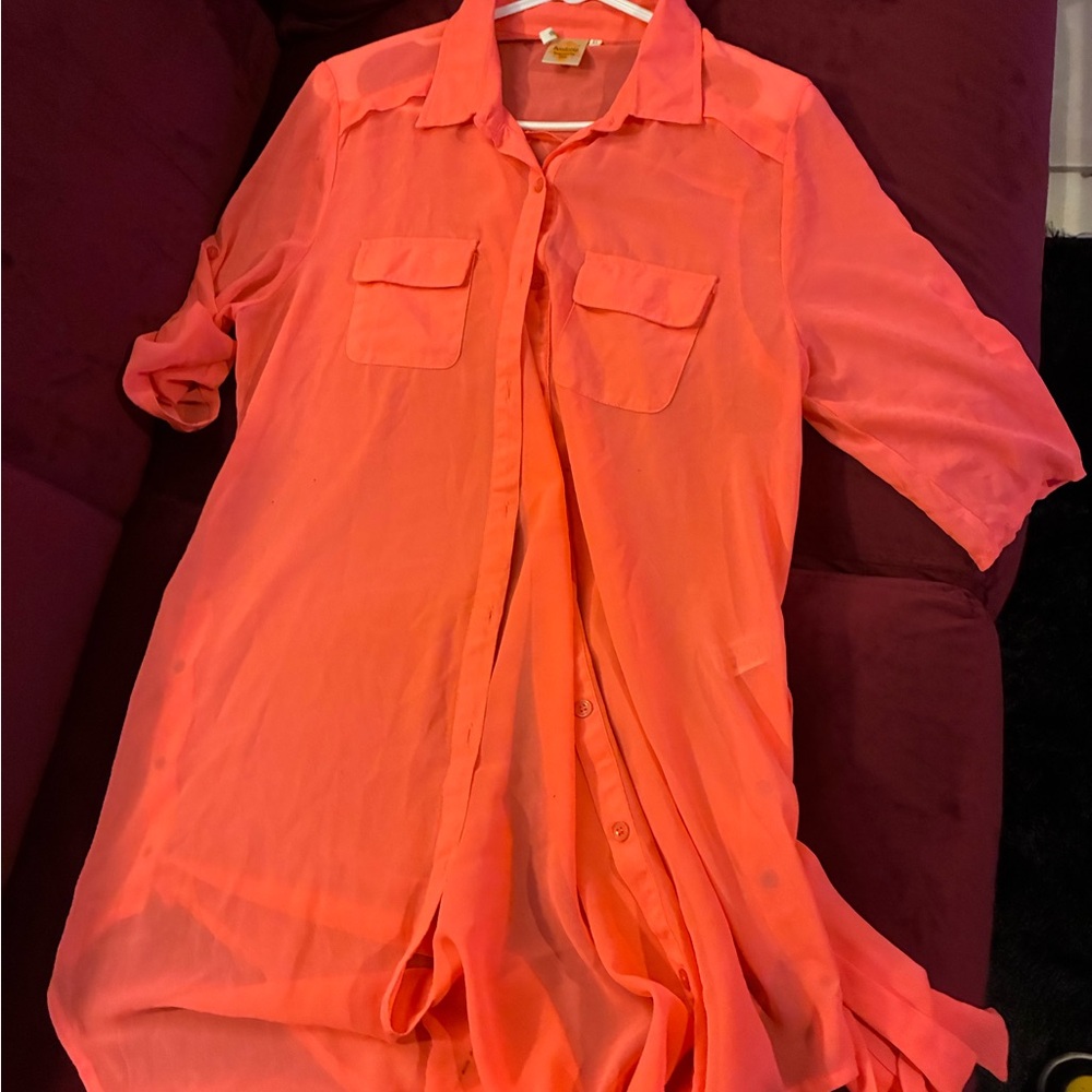 Bright Coral Button-Up Tunic Shirt
